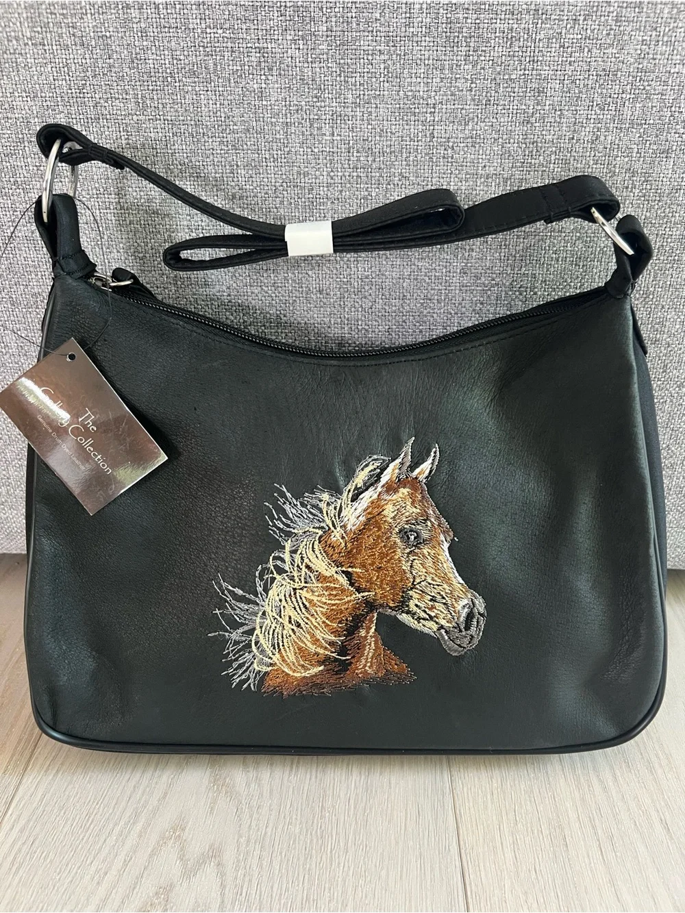 Black Shoulder Bag with Embroidered Horse Accent